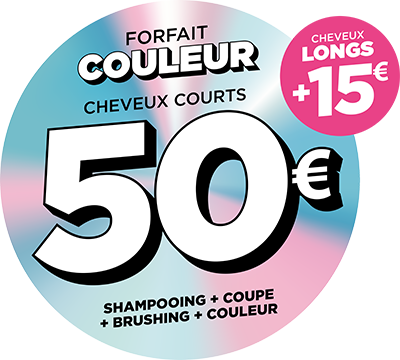 Couleur + L'Oréal + Shampoing, coupe, brushing : 50€ Courts | 65€ Longs